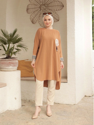 Casual Cut Long Tunic with Lace Embroidered Appliques  -Cinnamon