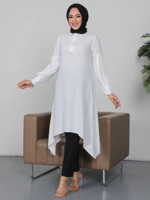 Sleeve Pleated Asymmetric Cut Long Ayrobin Tunic -White