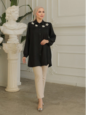 Linen Tunic with Gathered Robe and Special Appliques -Black