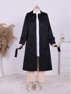 Buttoned Waist Tied Arm Epaulette Trench Coat -Black