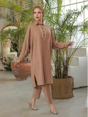 Buttoned Lace Embroidered Casual Linen Tunic -Mink color