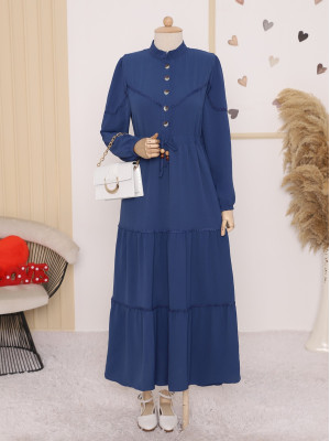 Yarım Düğmeli Parçalı Bağcıklı Elbise -Koyu Mavi