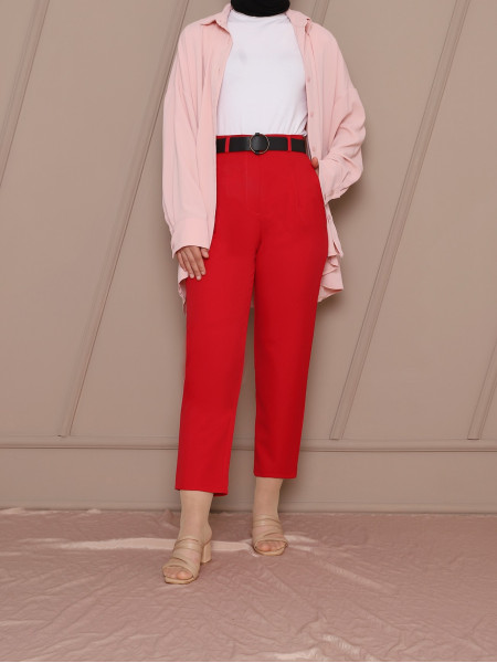  Belted Pleated Trousers -Red