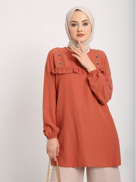 Robadan Frilly Stone Detailed Crepe Tunic -Brick color