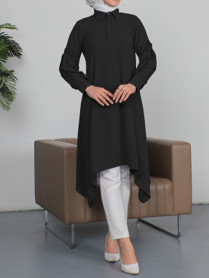 Sleeve Pleated Asymmetric Cut Long Ayrobin Tunic -Black