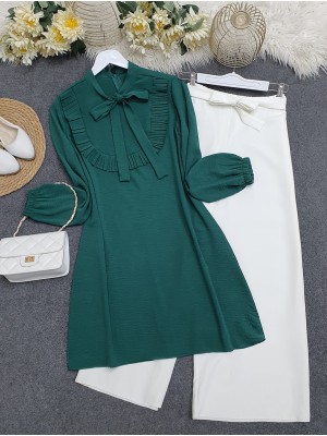 Ayrobin Tunic with Ruffles and Tie -Emerald
