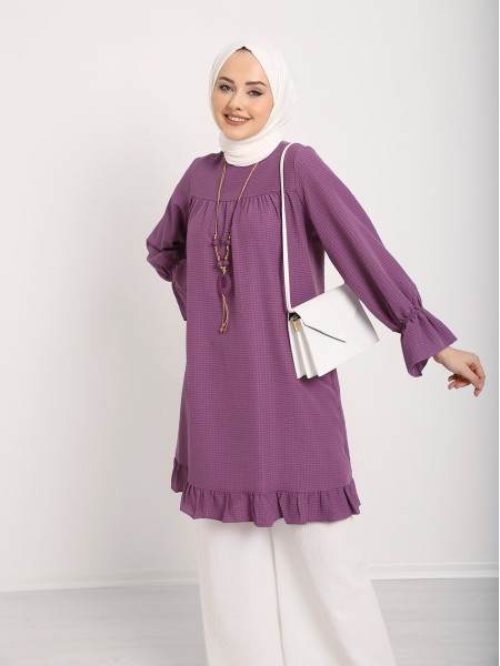 Elastic Sleeve Elastic Skirt Frilly Crepe Tunic - Purple