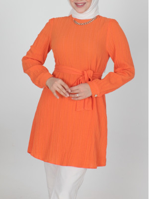 Stand-up Collar Tunic with Lace-up Waist and Necklace -Orange