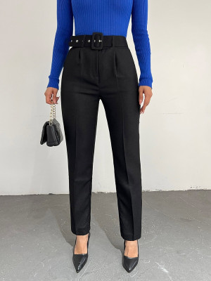 Thick Belted Winter Diagonel Trousers -Black