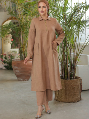 Long Linen Tunic with Zippered Collar and Bag Pockets  -Mink color