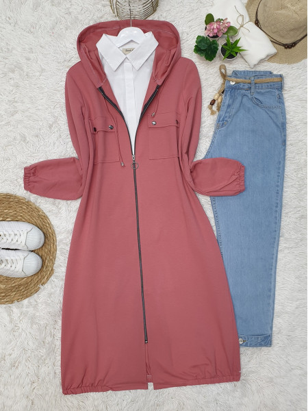 Hooded Sleeve and Skirt Elastic Pocket Combed Cotton Coat -Dried rose