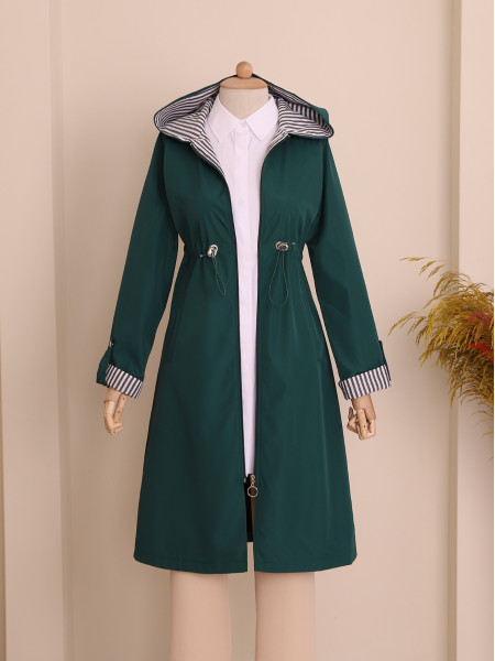 Tunnel Laced Hooded Trench Coat -Emerald