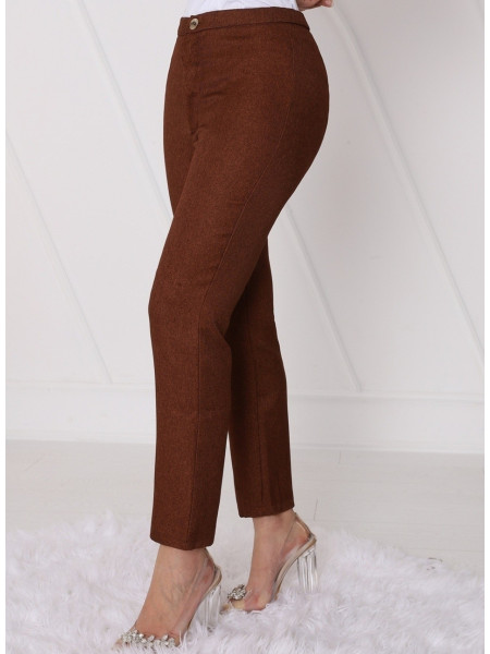 Single Button Front Zipper Winter Trousers -Brown