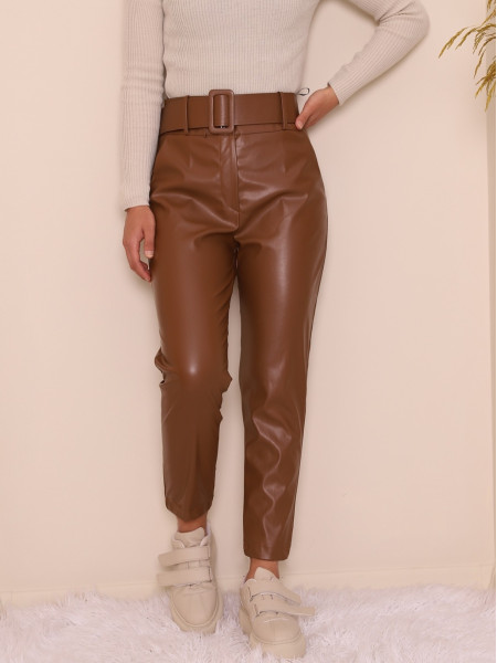 Leather High Waist Thick Belted Trousers -Snuff