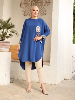 Casual Cut Long Tunic with Lace Embroidered Appliques -İndigo