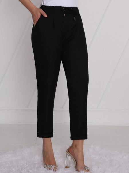Elastic Waist Laced Pocket Double Trousers -Black