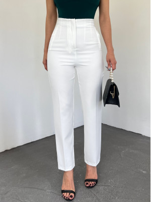 Yüksek Bel Cep Detaylı Fermuarlı Pantolon -Beyaz