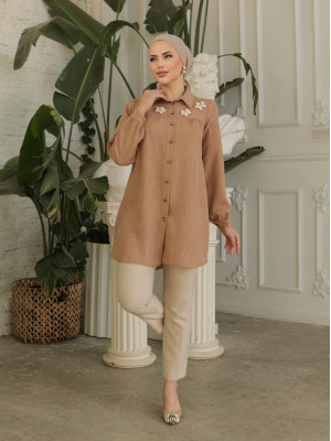 Linen Tunic with Gathered Robe and Special Appliques -Mink color