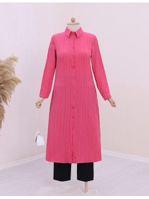 Boydan Düğmeli Krınkıl Uzun Gömlek Elbise -Pembe