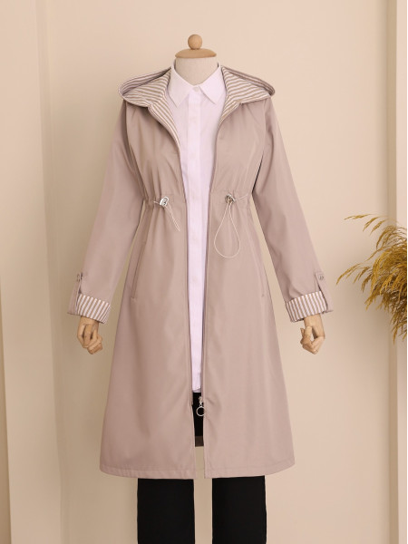 Tunnel Laced Hooded Trench Coat -Stone