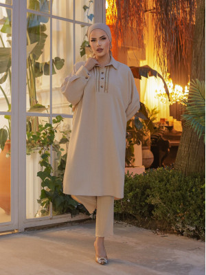 Buttoned Lace Embroidered Casual Linen Tunic - Beige