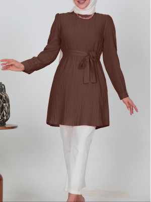 Stand-up Collar Tunic with Lace-up Waist and Necklace -Brown