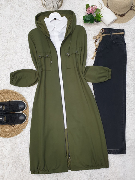 Hooded Sleeve and Skirt Elastic Pocket Combed Cotton Coat -Khaki