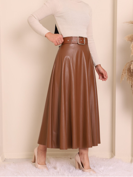 Thick Belted Leather Skirt -Snuff