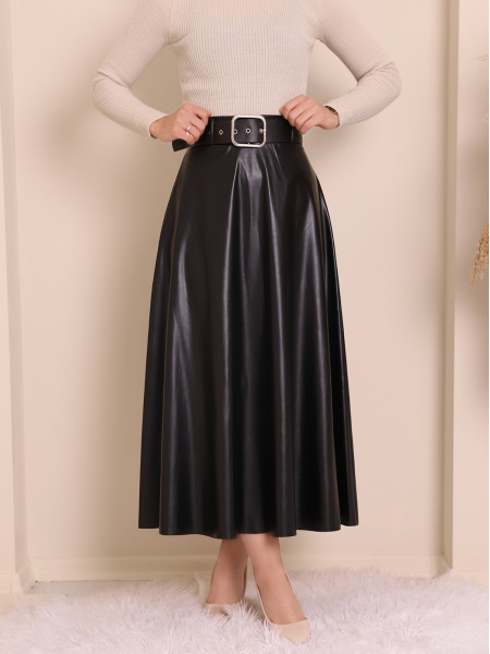 Thick Belted Leather Skirt -Black