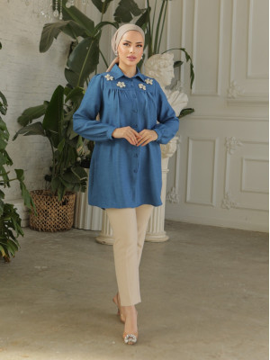 Linen Tunic with Gathered Robe and Special Appliques -İndigo