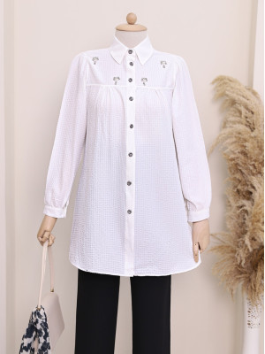 See-through Tunic with Stones and Buttons on the Front -White