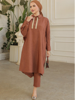  Buttoned Lace Embroidered Casual Linen Tunic -Snuff