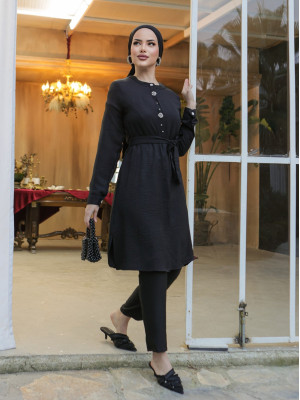 Stone Embroidered Buttoned Belted Linen Long Tunic -Black