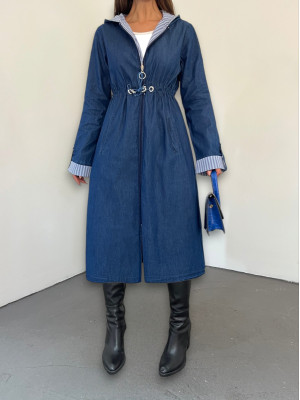 Tunnel Laced Hooded Denim Trench Coat -Navy blue
