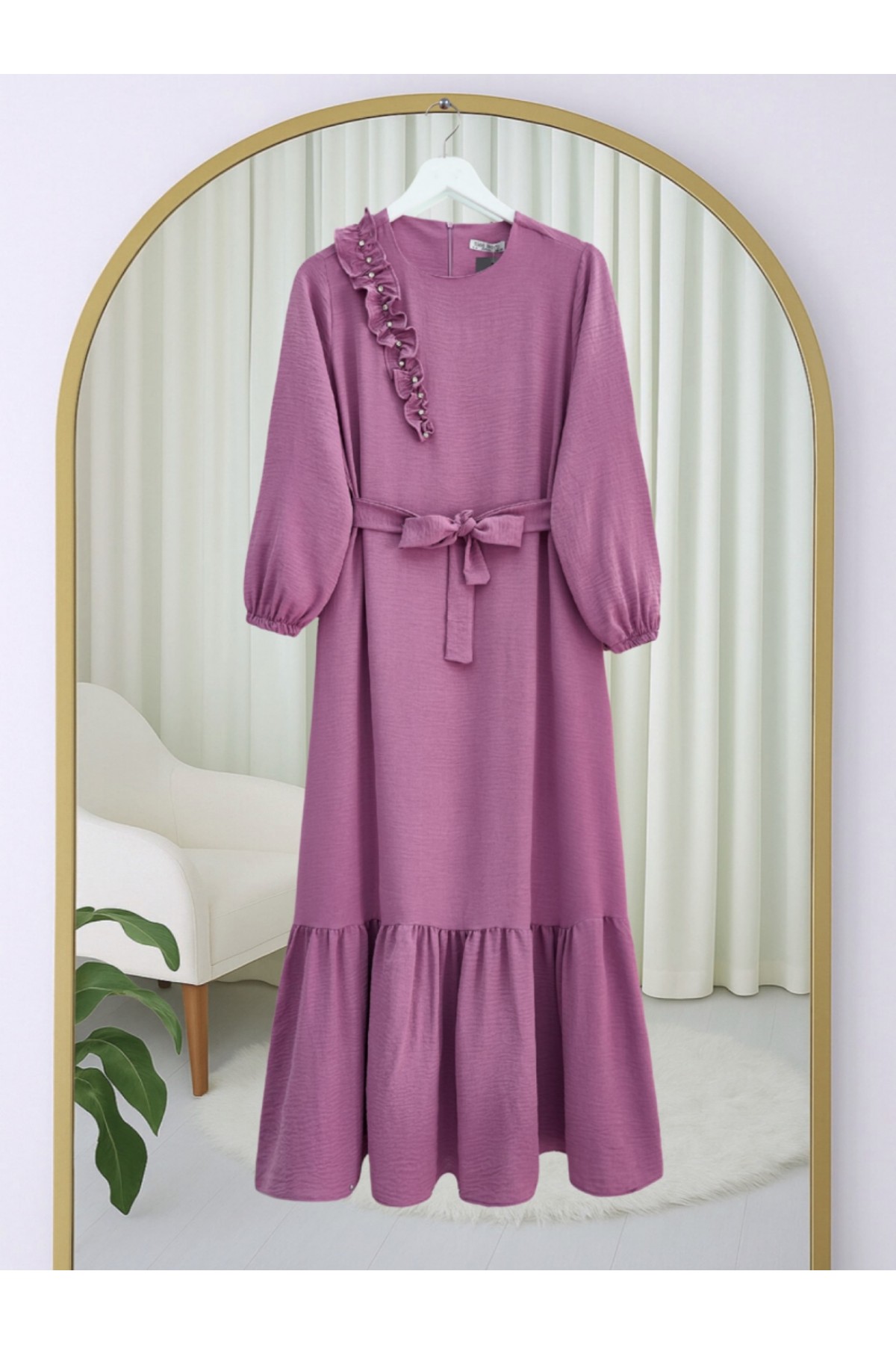 Ruffle Stone Detailed Piece Skirt Belted Ayrobin Dress  -Cherry Color