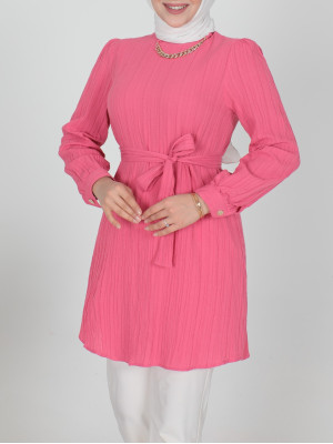Stand-up Collar Tunic with Lace-up Waist and Necklace -Fuchsia