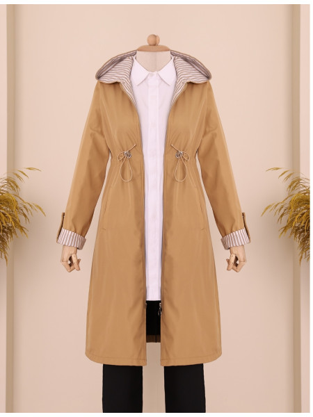Tunnel Laced Hooded Trench Coat -Mink color
