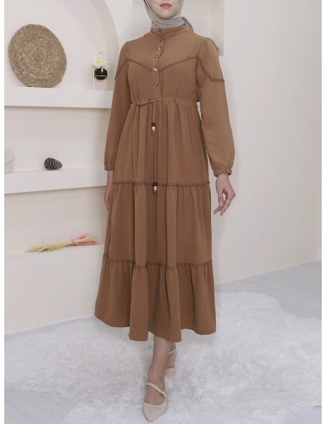 Yarım Düğmeli Parçalı Bağcıklı Elbise   -Tarçın