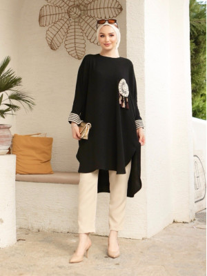 Casual Cut Long Tunic with Lace Embroidered Appliques -Black