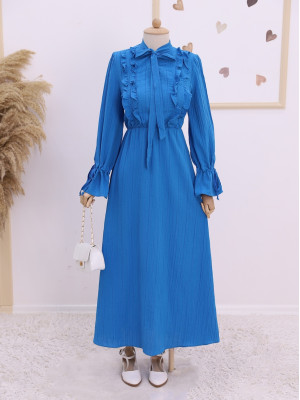 Önü Fırfırlı Kolu Ve Yakası Bağcıklı Elbise -Koyu Mavi