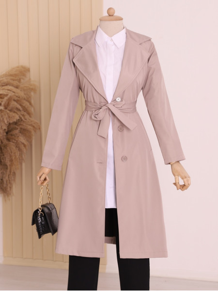 Belted Side Pocket Trench Coat -Stone