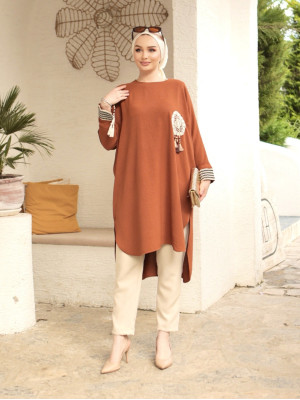 Casual Cut Long Tunic with Lace Embroidered Appliques -Snuff