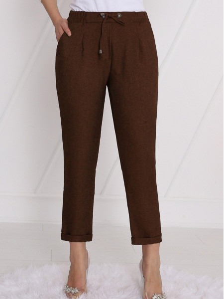 Elastic Waist Laced Pocket Double Trousers -Brown