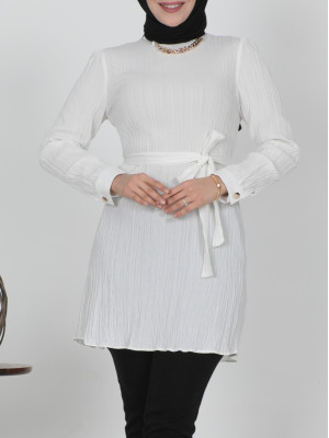 Stand-up Collar Tunic with Lace-up Waist and Necklace -White