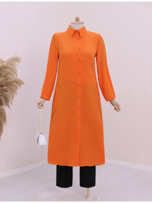 Button Down Crinkle Long Shirt Dress -Orange