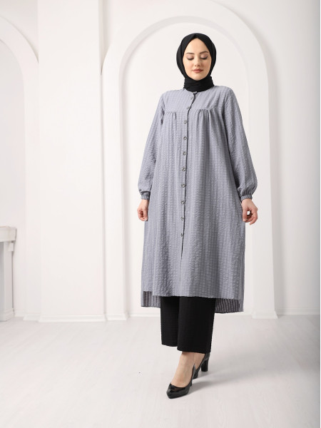 Judge Collar All-Down Buttoned Crepe Tunic -Grey