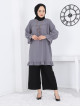 Elastic Sleeve Elastic Skirt Frilly Crepe Tunic -Grey