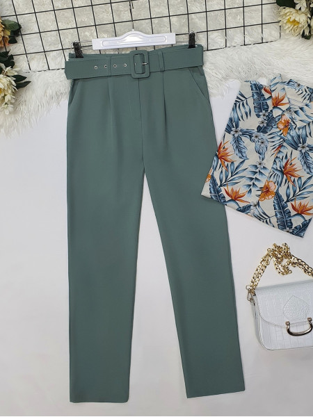 Thick Belted Fabric Trousers   -Mint Color