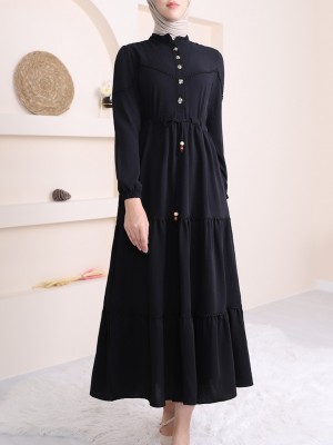 Yarım Düğmeli Parçalı Bağcıklı Elbise -Siyah