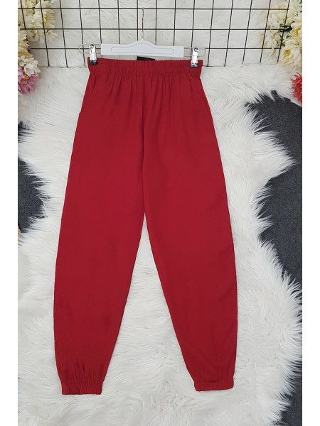 Elastic Waist and Pocket Elastic Viscose Trousers -Red